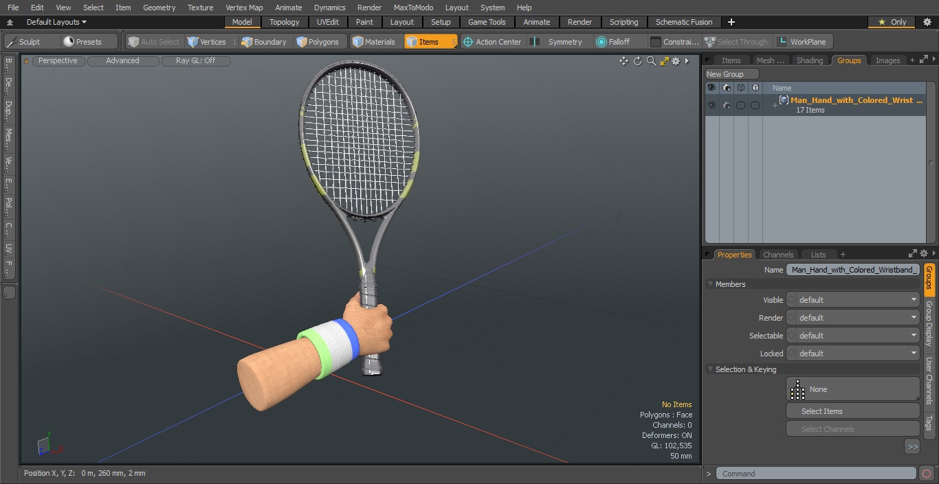 Man Hand with Colored Wristband Holds Tennis Racquet 3D