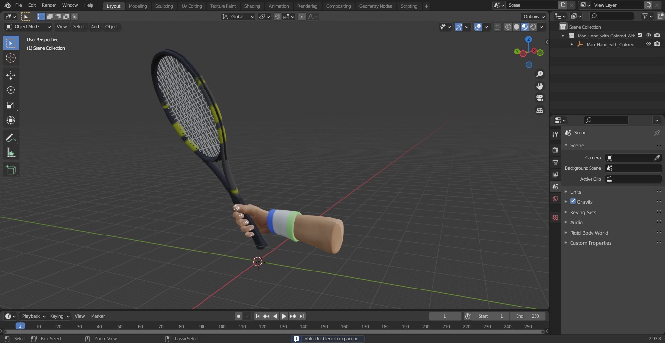 Man Hand with Colored Wristband Holds Tennis Racquet 3D