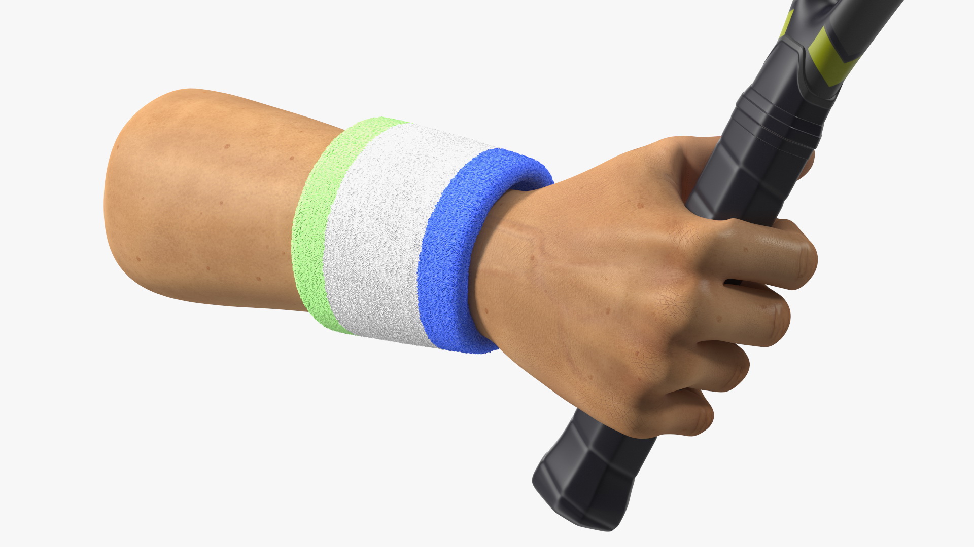 Man Hand with Colored Wristband Holds Tennis Racquet 3D