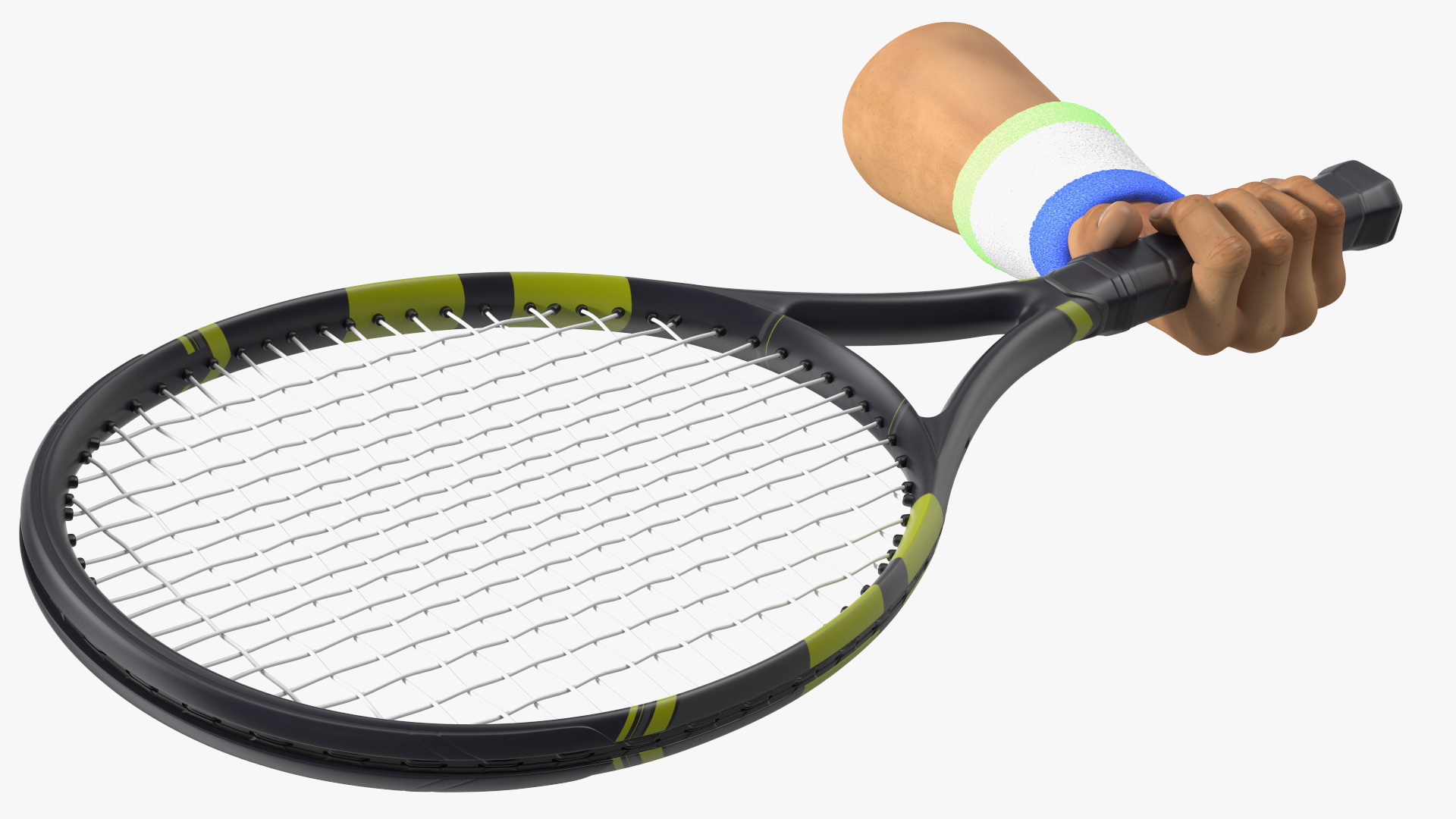 Man Hand with Colored Wristband Holds Tennis Racquet 3D
