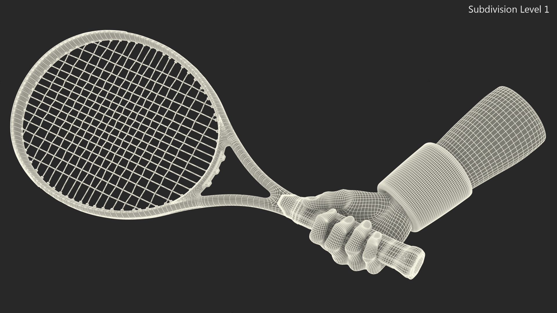 Man Hand with Colored Wristband Holds Tennis Racquet 3D
