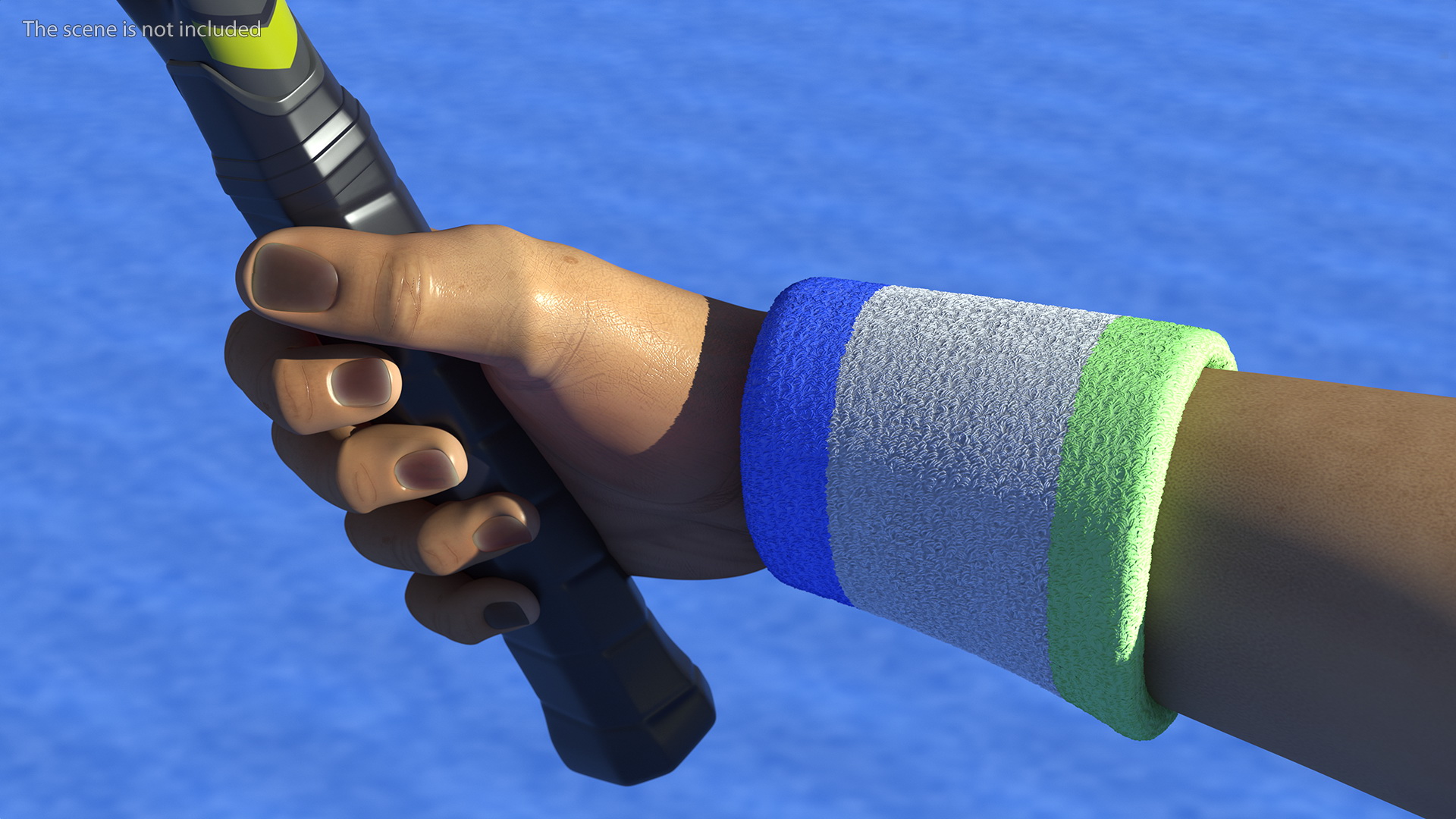 Man Hand with Colored Wristband Holds Tennis Racquet 3D