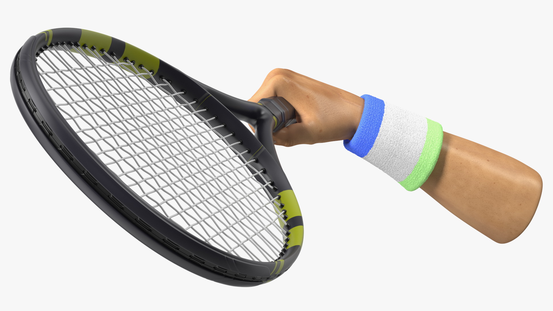 Man Hand with Colored Wristband Holds Tennis Racquet 3D