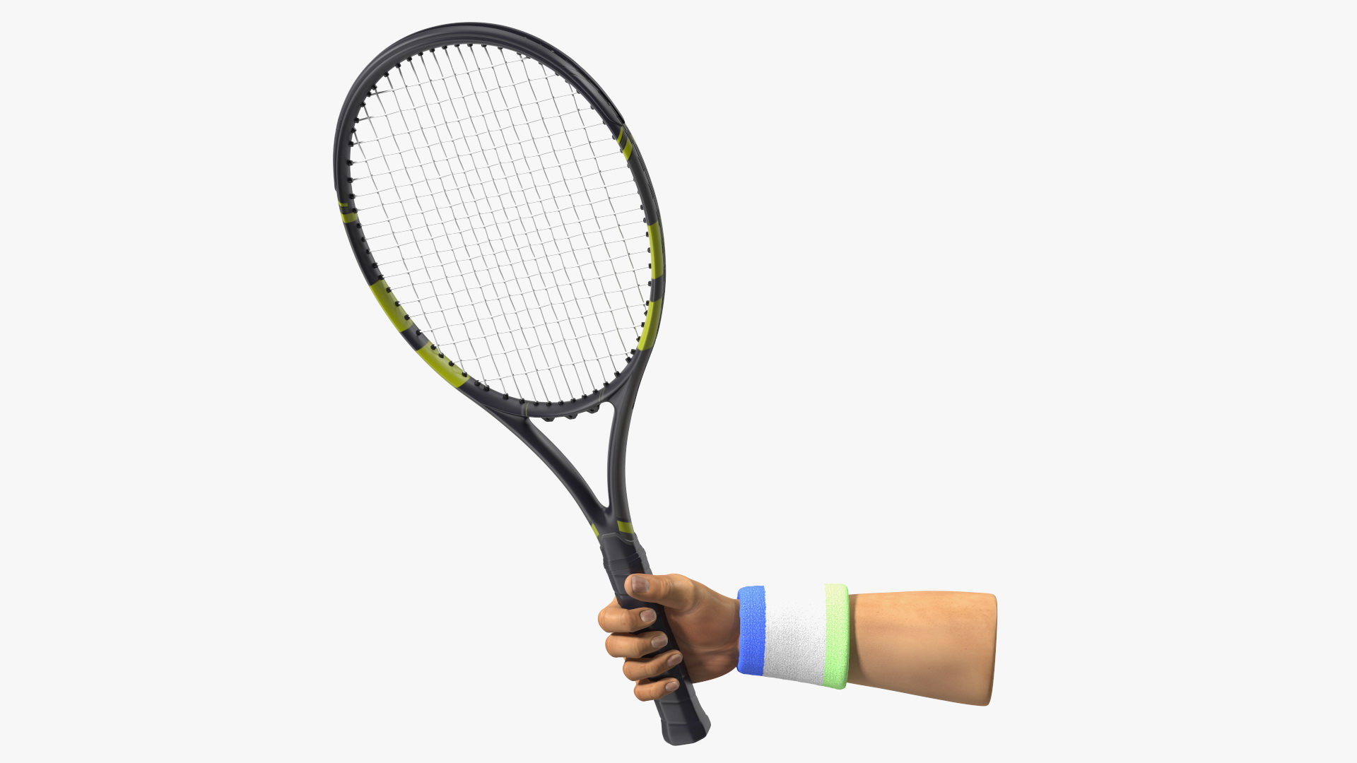 Man Hand with Colored Wristband Holds Tennis Racquet 3D