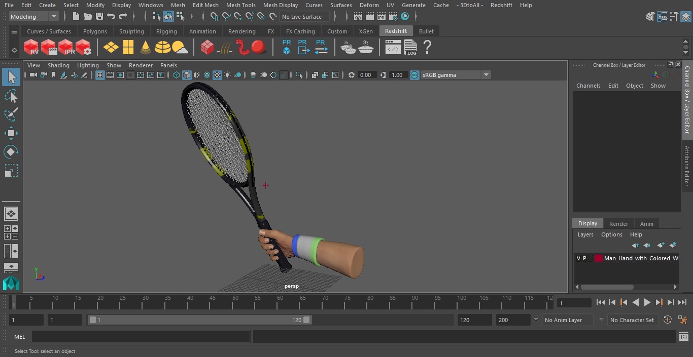 Man Hand with Colored Wristband Holds Tennis Racquet 3D