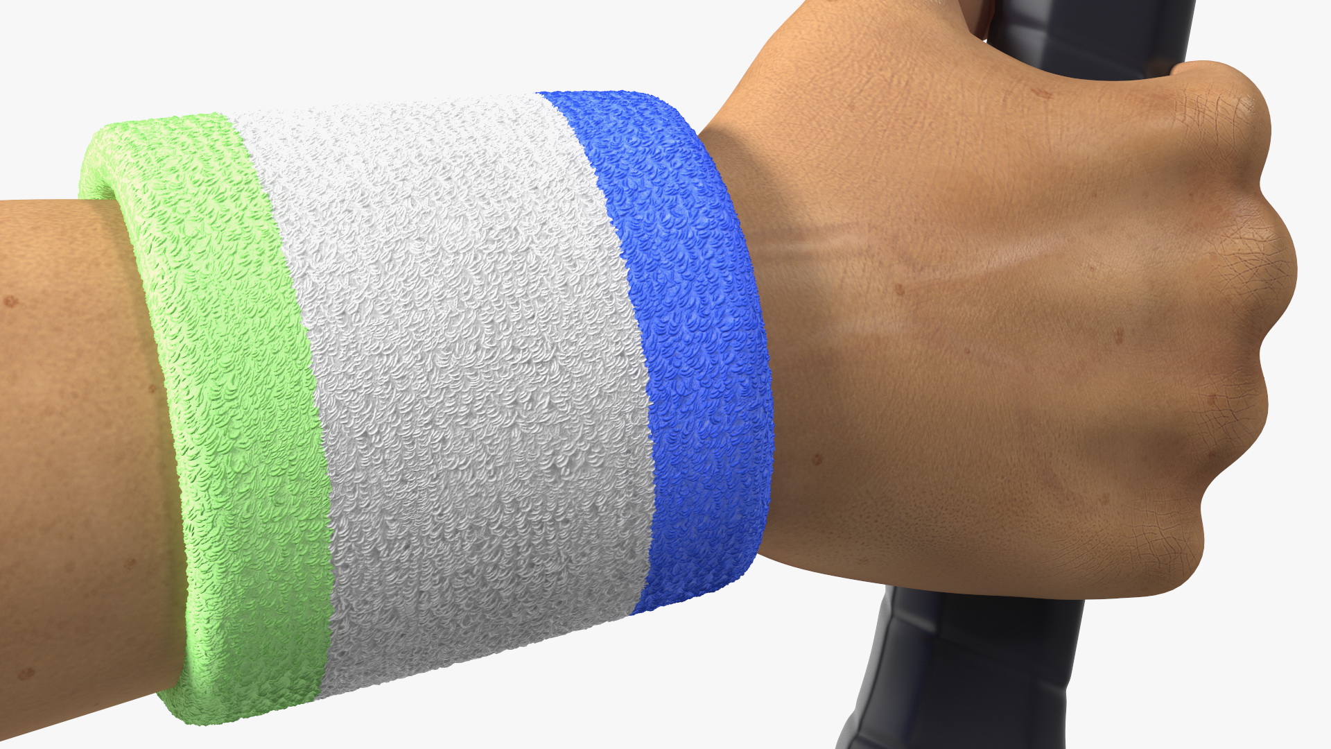 Man Hand with Colored Wristband Holds Tennis Racquet 3D