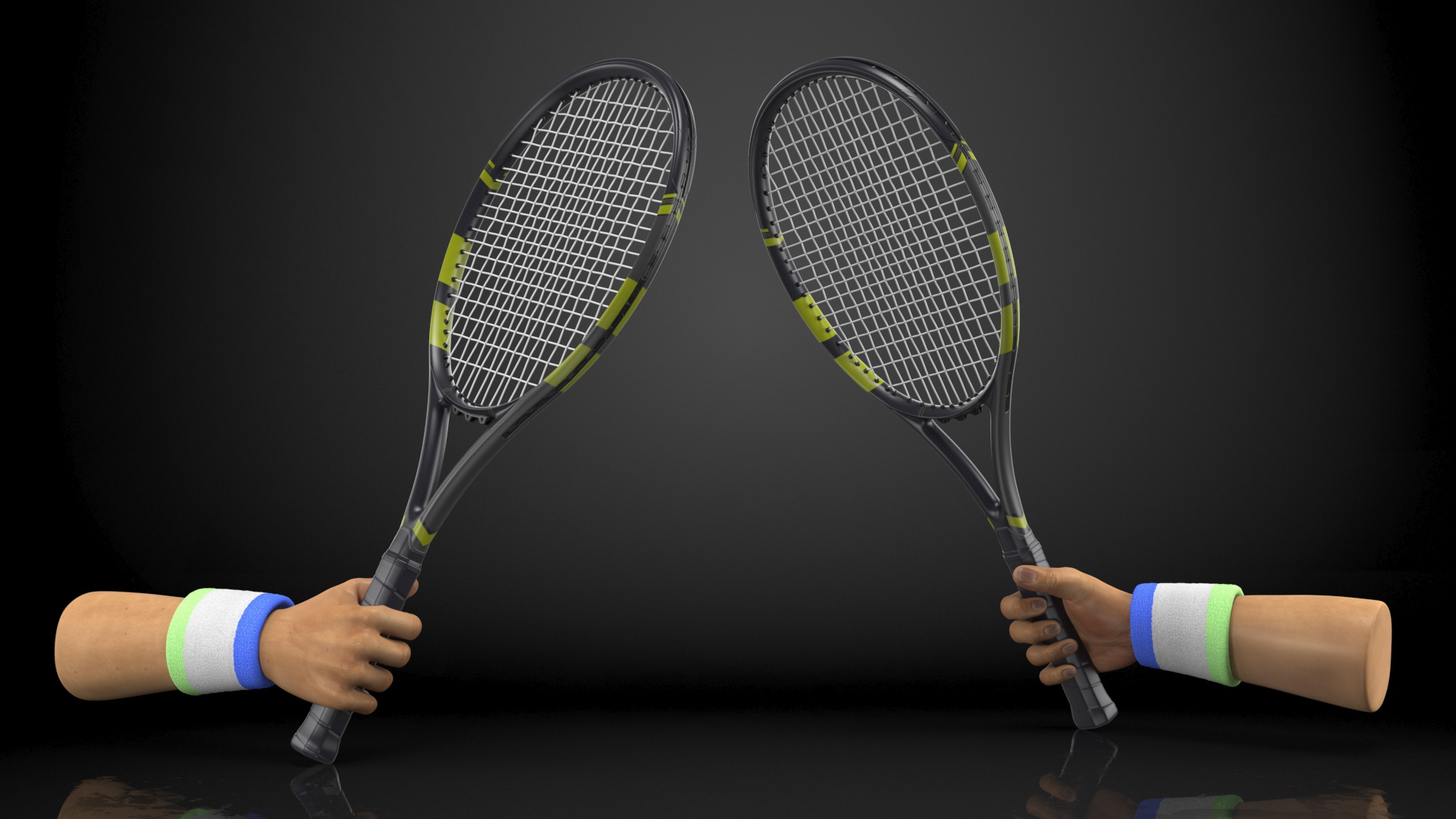 Man Hand with Colored Wristband Holds Tennis Racquet 3D