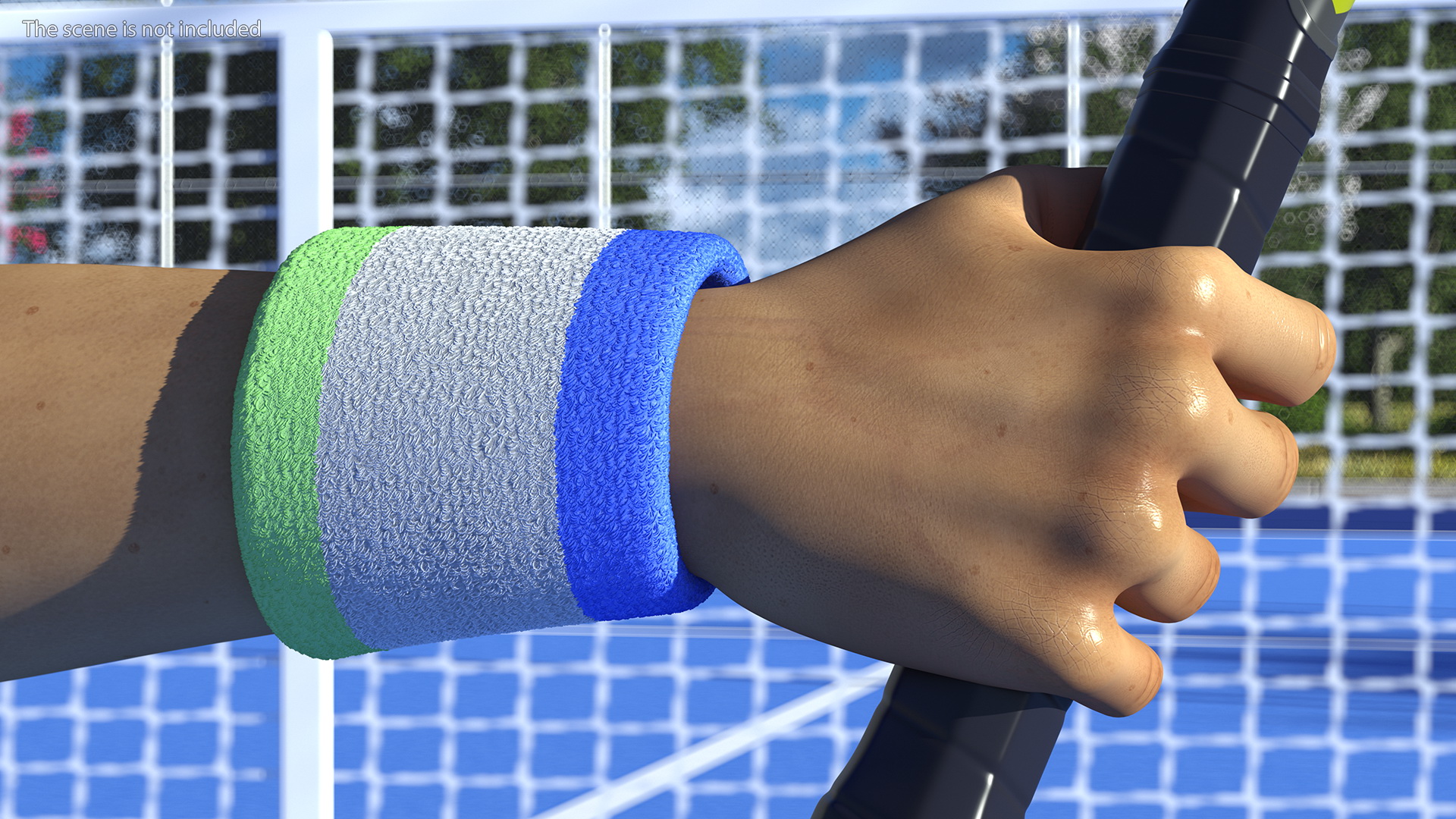Man Hand with Colored Wristband Holds Tennis Racquet 3D