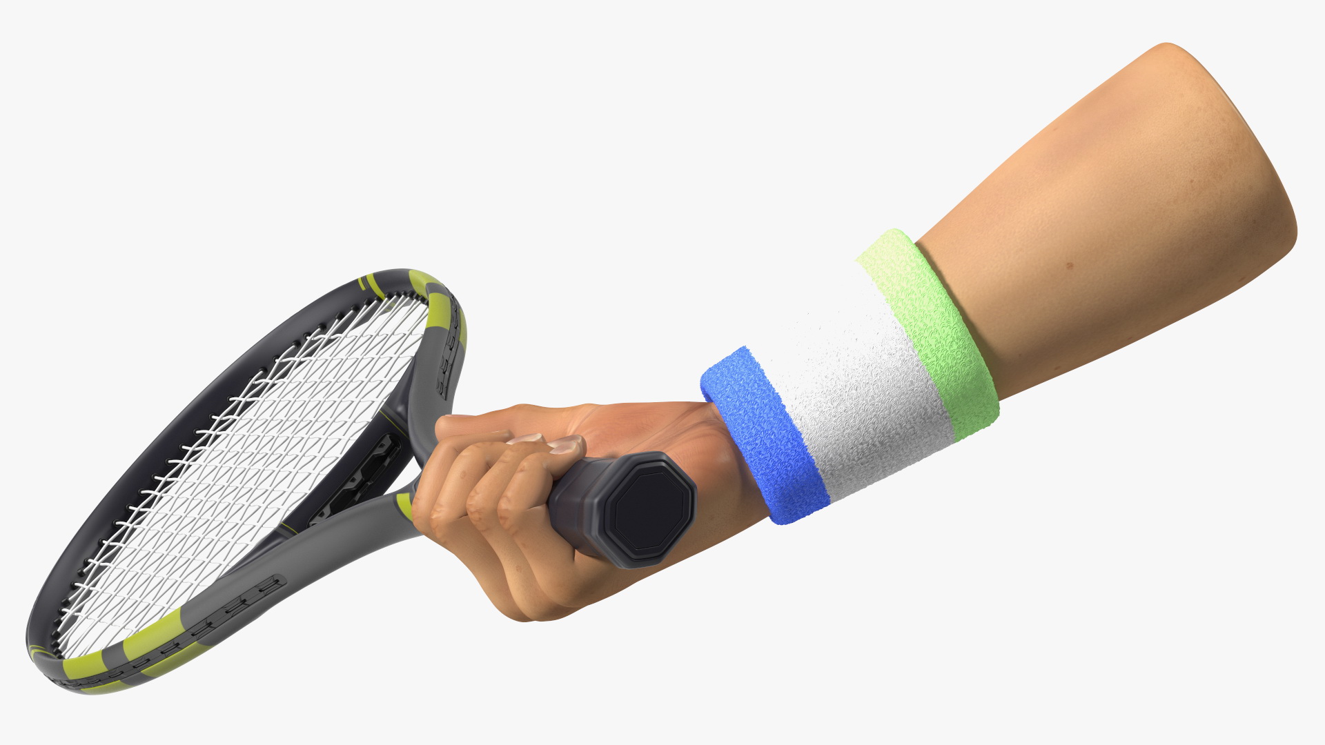 Man Hand with Colored Wristband Holds Tennis Racquet 3D