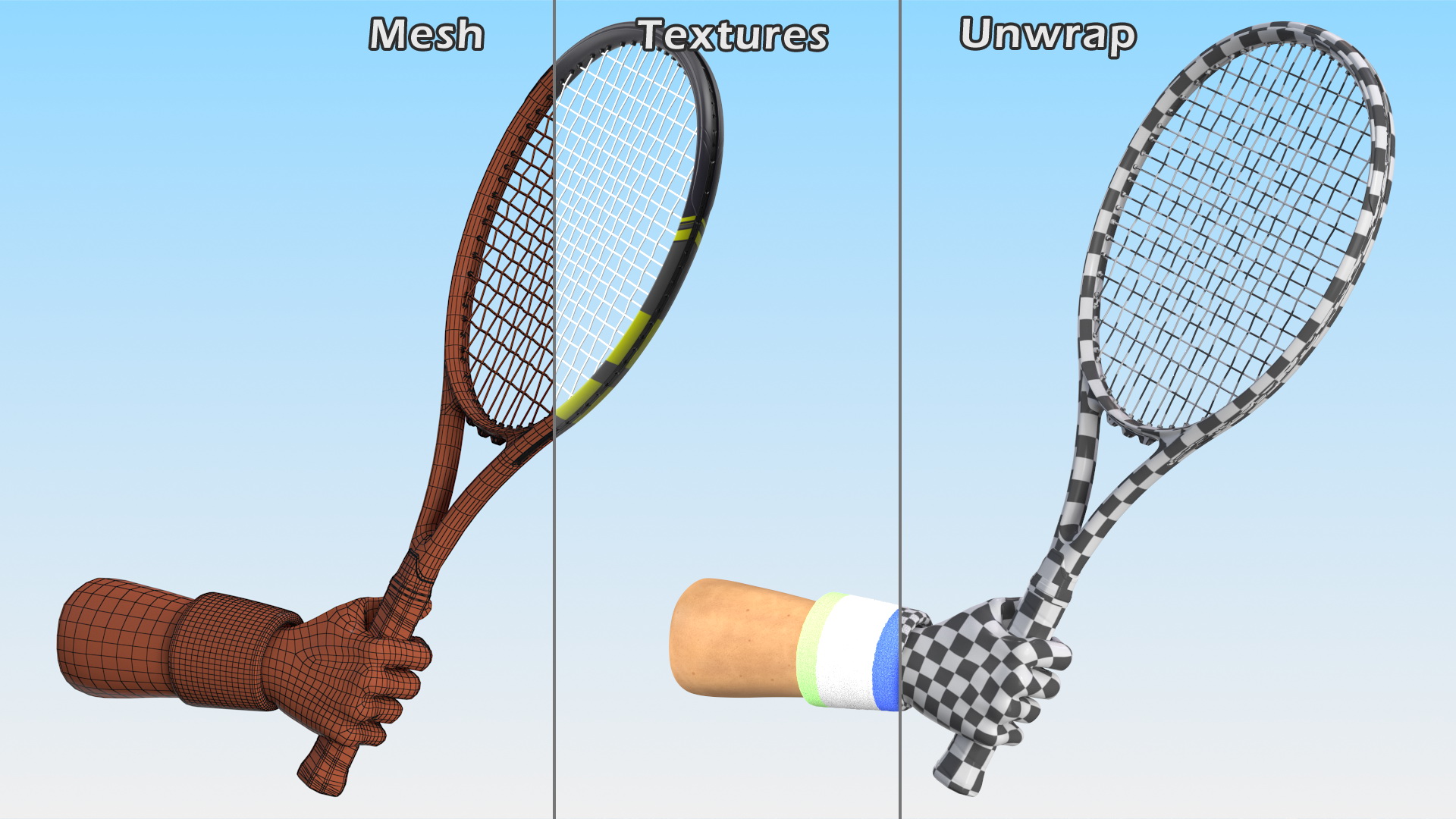 Man Hand with Colored Wristband Holds Tennis Racquet 3D