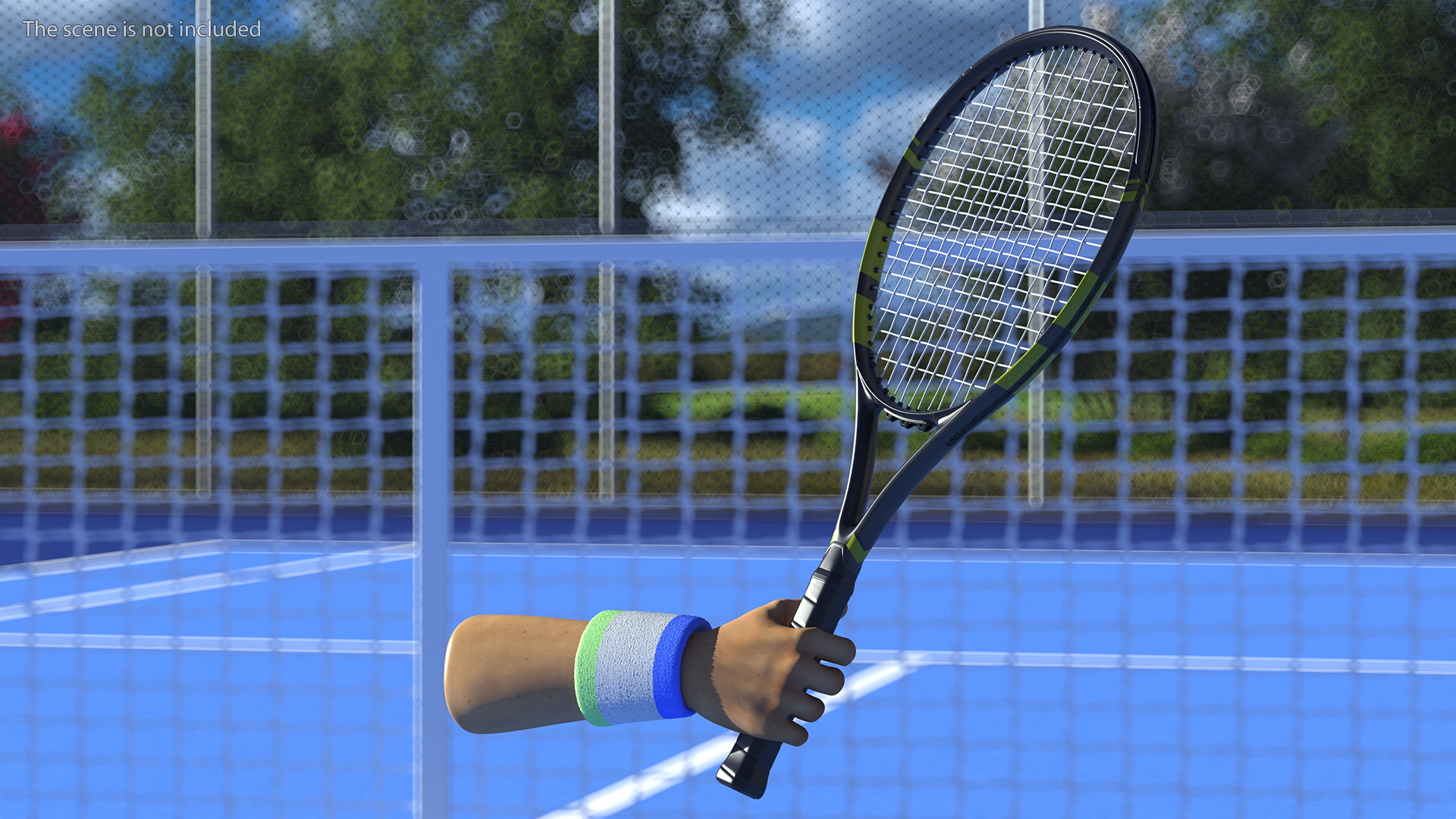 Man Hand with Colored Wristband Holds Tennis Racquet 3D