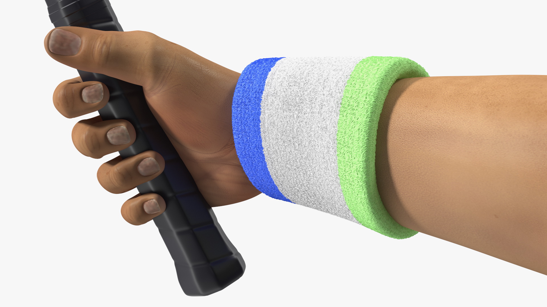 Man Hand with Colored Wristband Holds Tennis Racquet 3D
