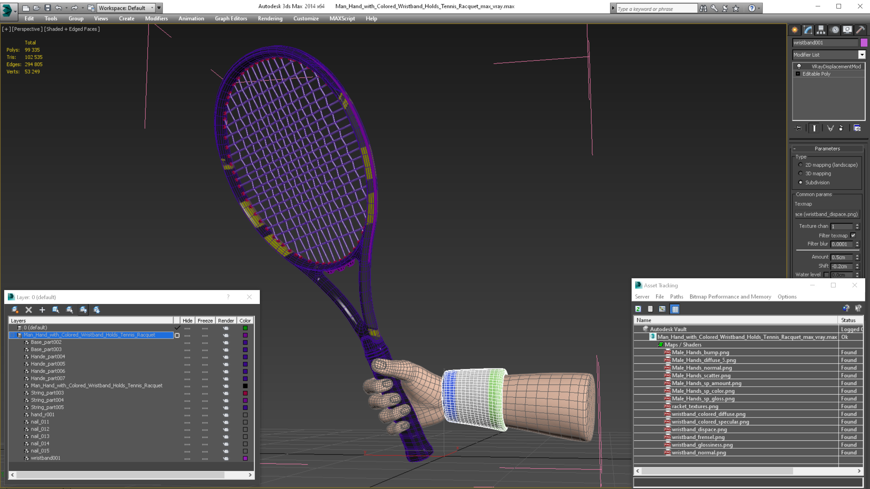 Man Hand with Colored Wristband Holds Tennis Racquet 3D