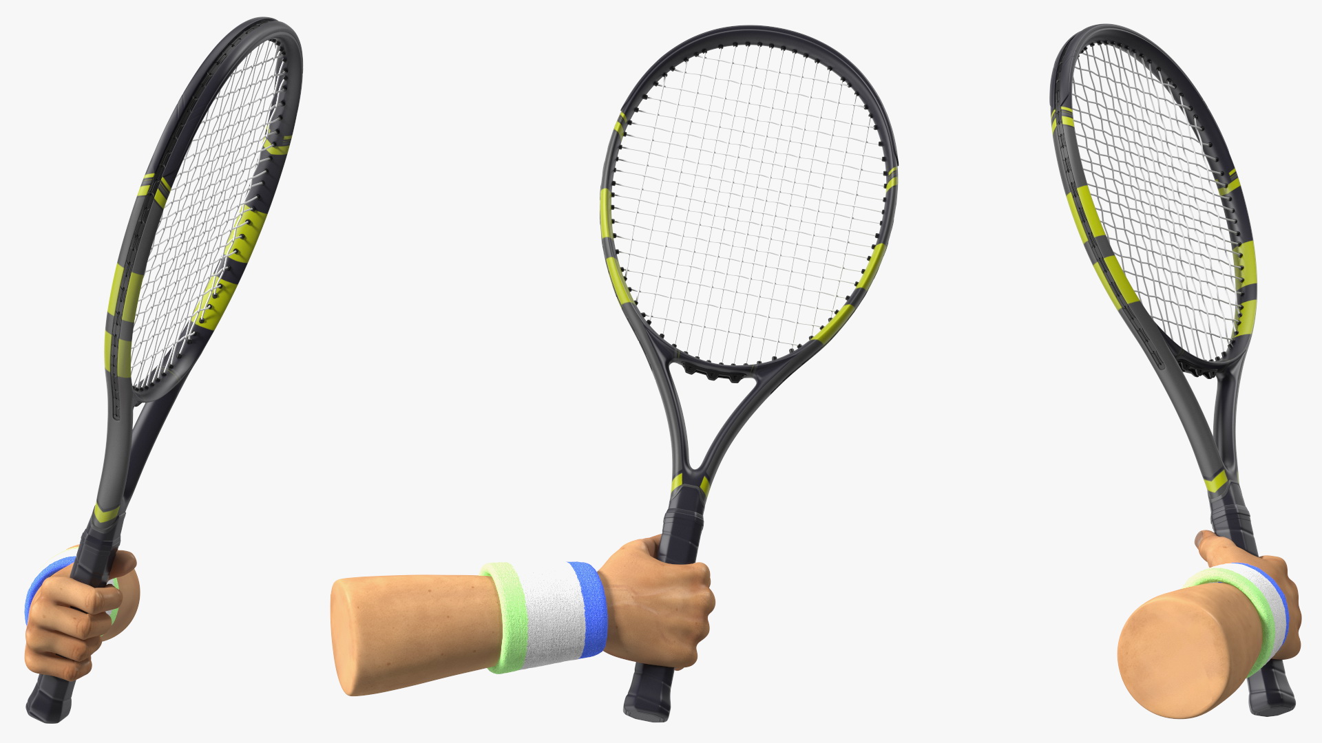 Man Hand with Colored Wristband Holds Tennis Racquet 3D