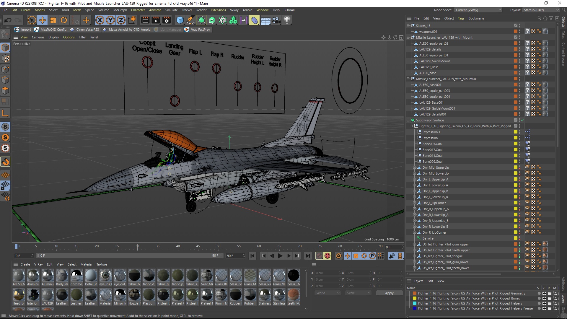 3D Fighter F-16 with Pilot and Missile Launcher LAU-129 Rigged for Cinema 4D model