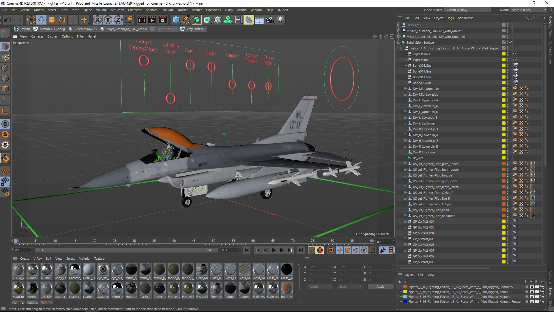 3D Fighter F-16 with Pilot and Missile Launcher LAU-129 Rigged for Cinema 4D model