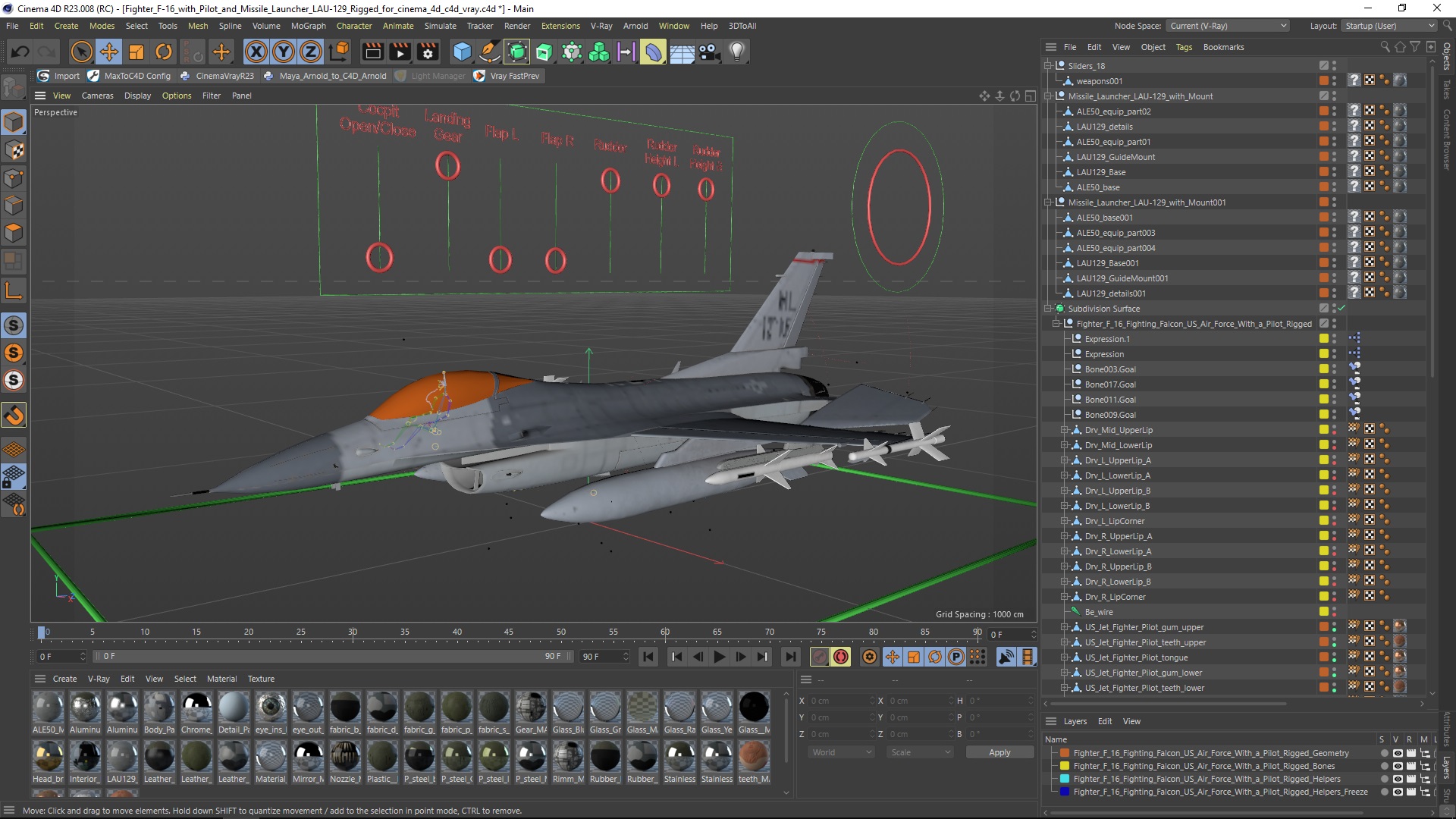 3D Fighter F-16 with Pilot and Missile Launcher LAU-129 Rigged for Cinema 4D model