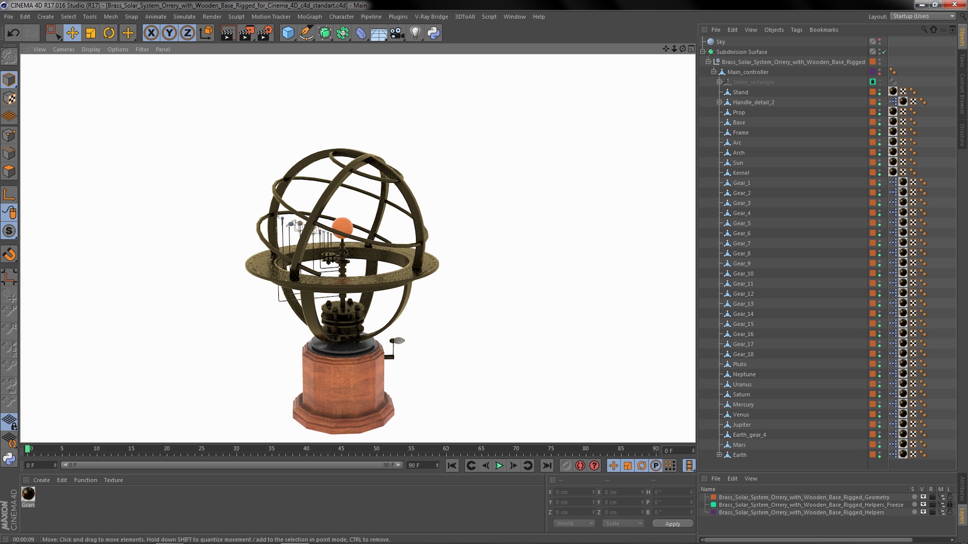3D Brass Solar System Orrery with Wooden Base Rigged for Cinema 4D model