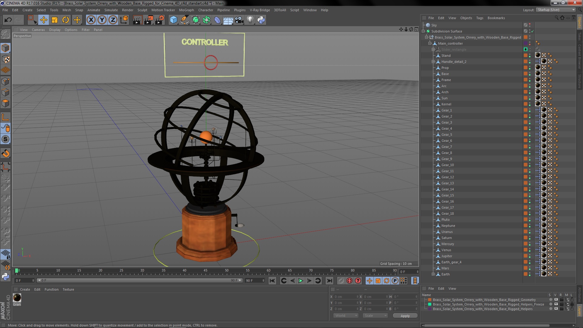 3D Brass Solar System Orrery with Wooden Base Rigged for Cinema 4D model
