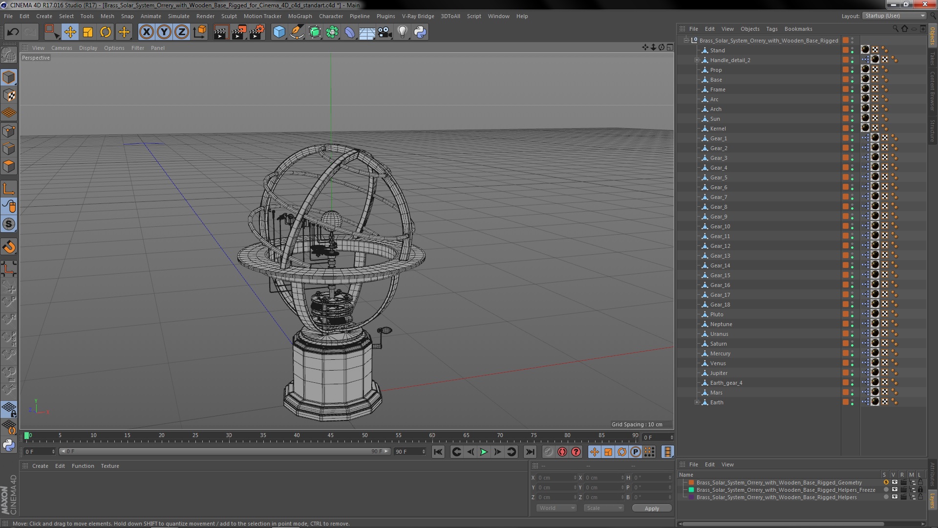 3D Brass Solar System Orrery with Wooden Base Rigged for Cinema 4D model