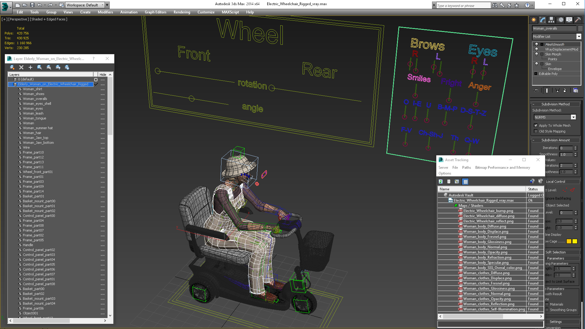 Elderly Woman on Electric Wheelchair Rigged for Maya 3D