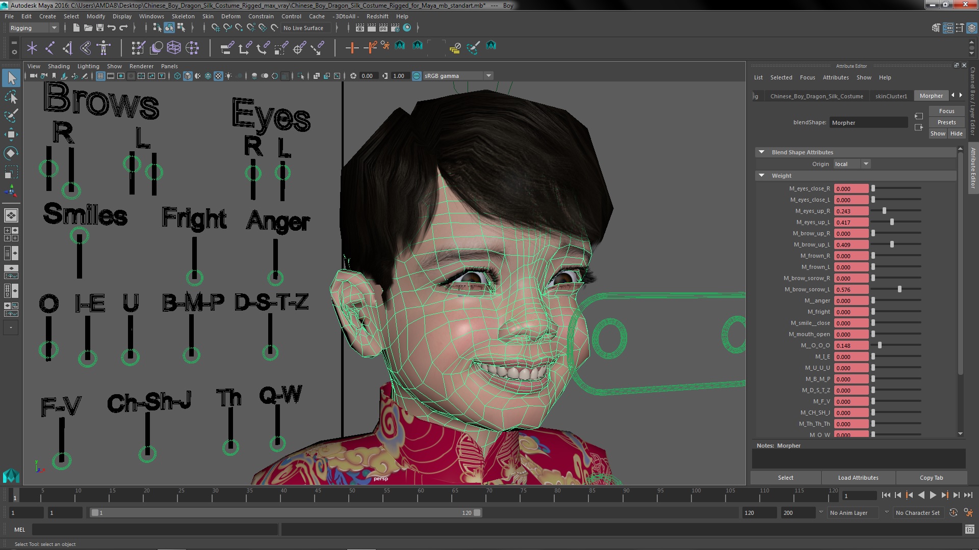 Chinese Boy Dragon Silk Costume Rigged for Maya 3D