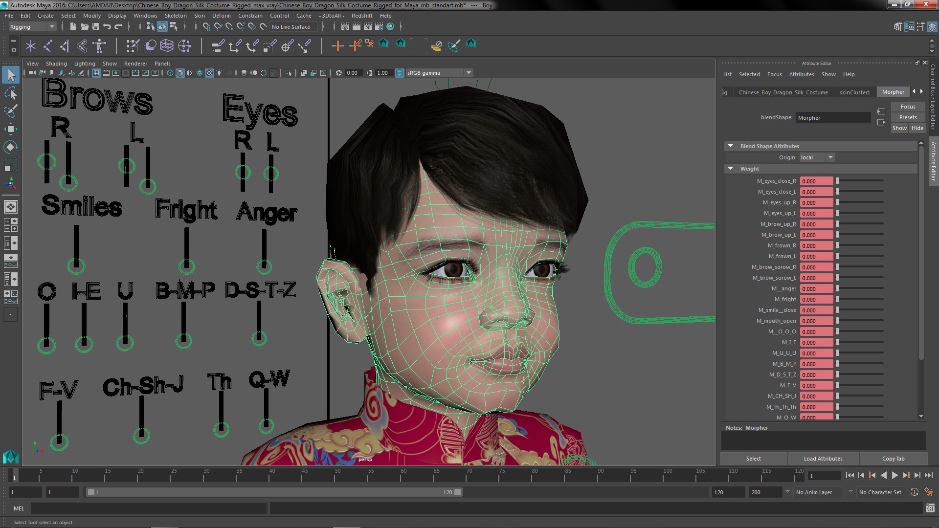Chinese Boy Dragon Silk Costume Rigged for Maya 3D