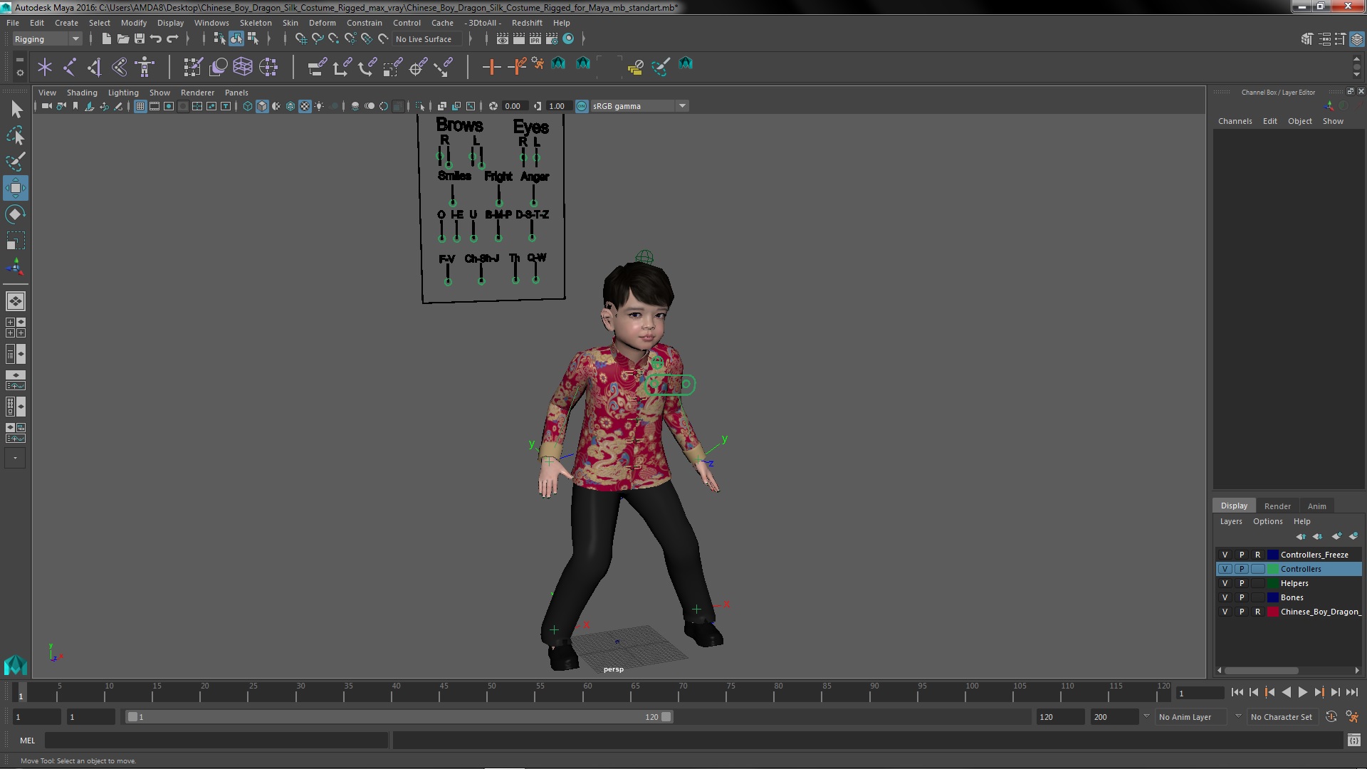 Chinese Boy Dragon Silk Costume Rigged for Maya 3D