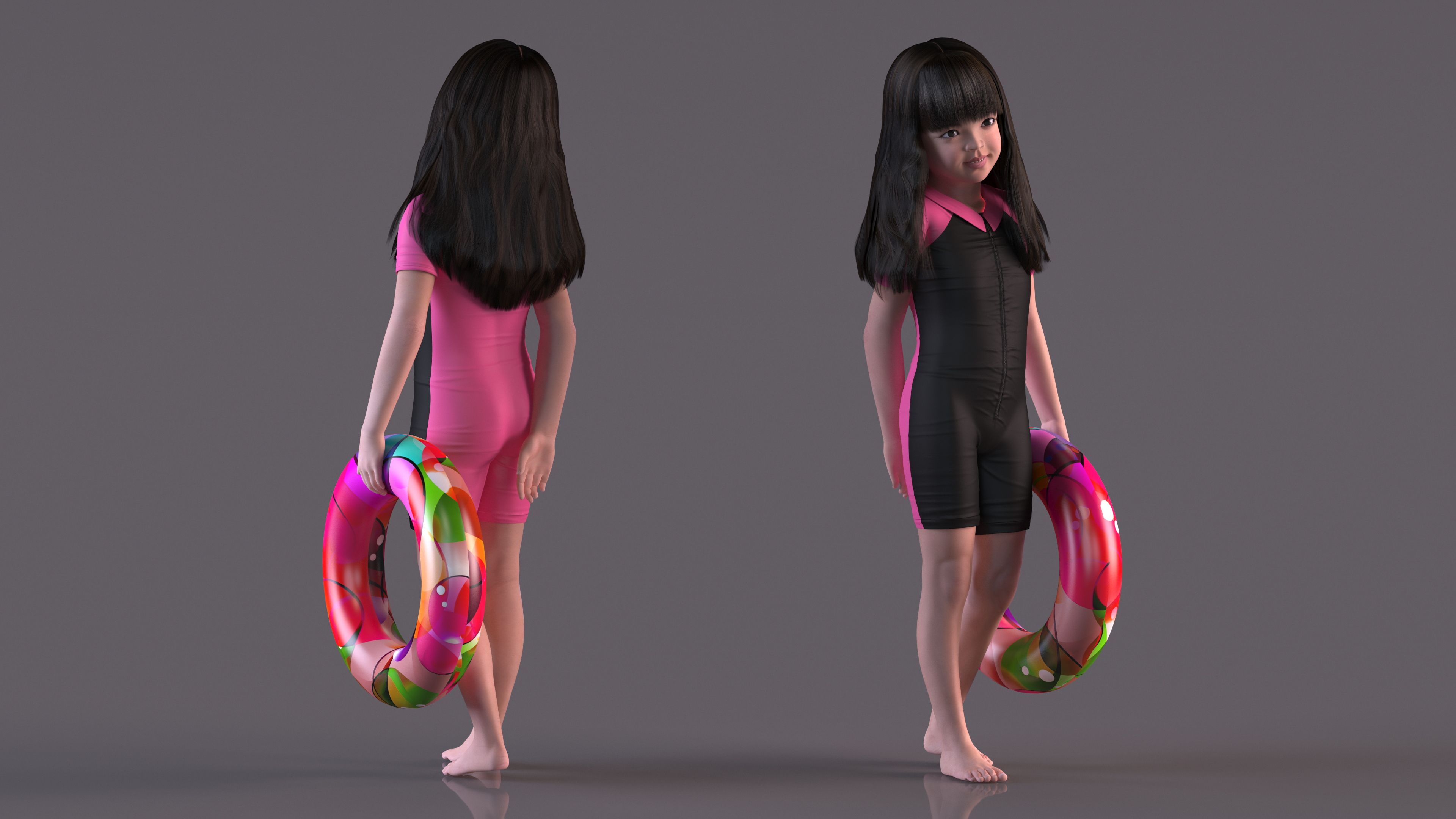 Asian Girl in Beach Suit with Inflatable Circle Rigged 3D model