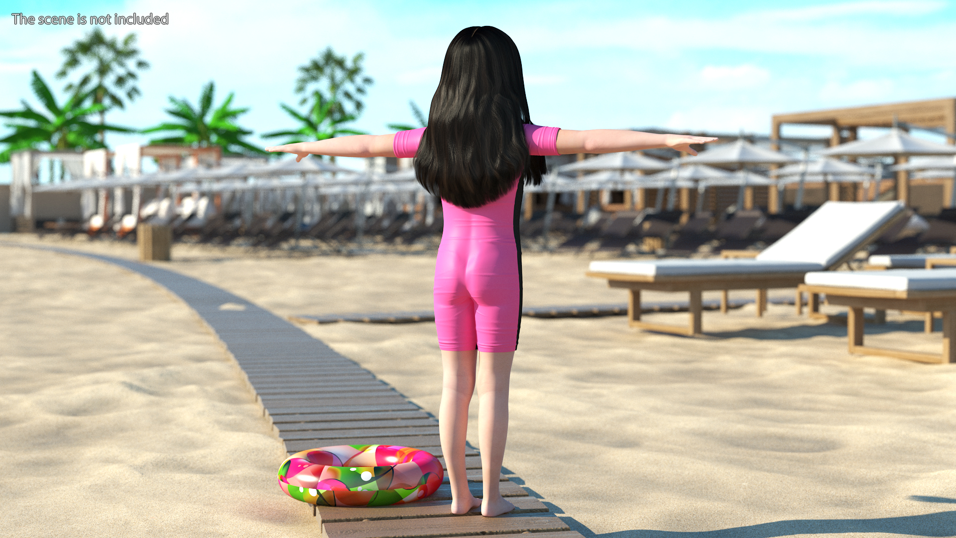 Asian Girl in Beach Suit with Inflatable Circle Rigged 3D model