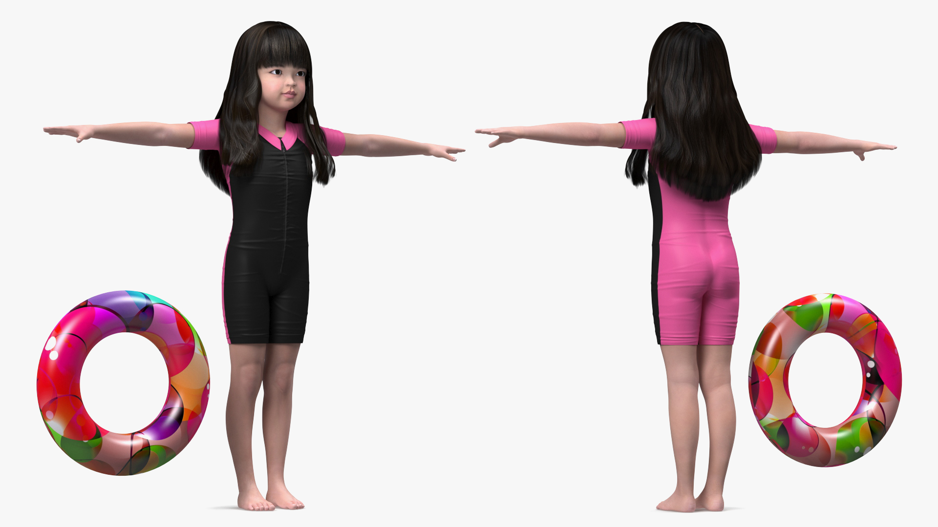 Asian Girl in Beach Suit with Inflatable Circle Rigged 3D model