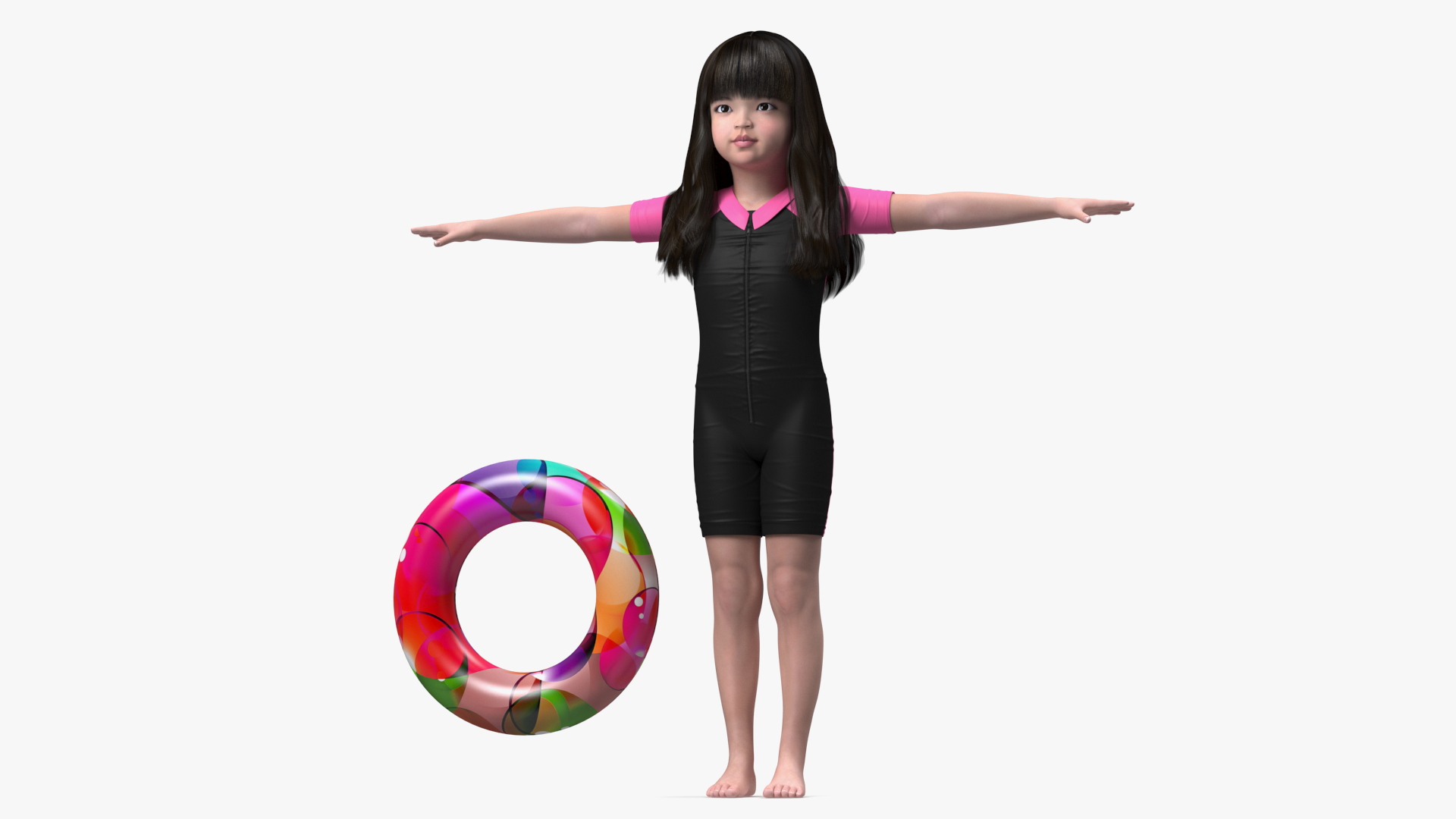 Asian Girl in Beach Suit with Inflatable Circle Rigged 3D model