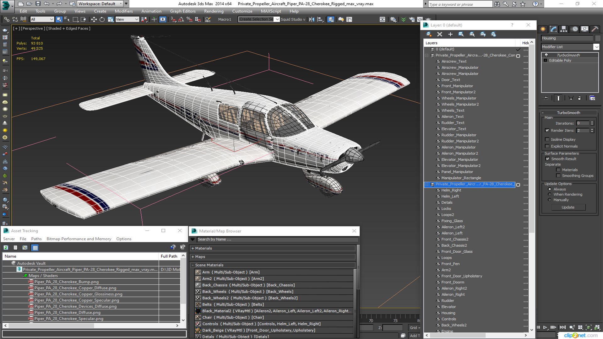 Private Propeller Aircraft Piper PA-28 Cherokee Rigged 3D model