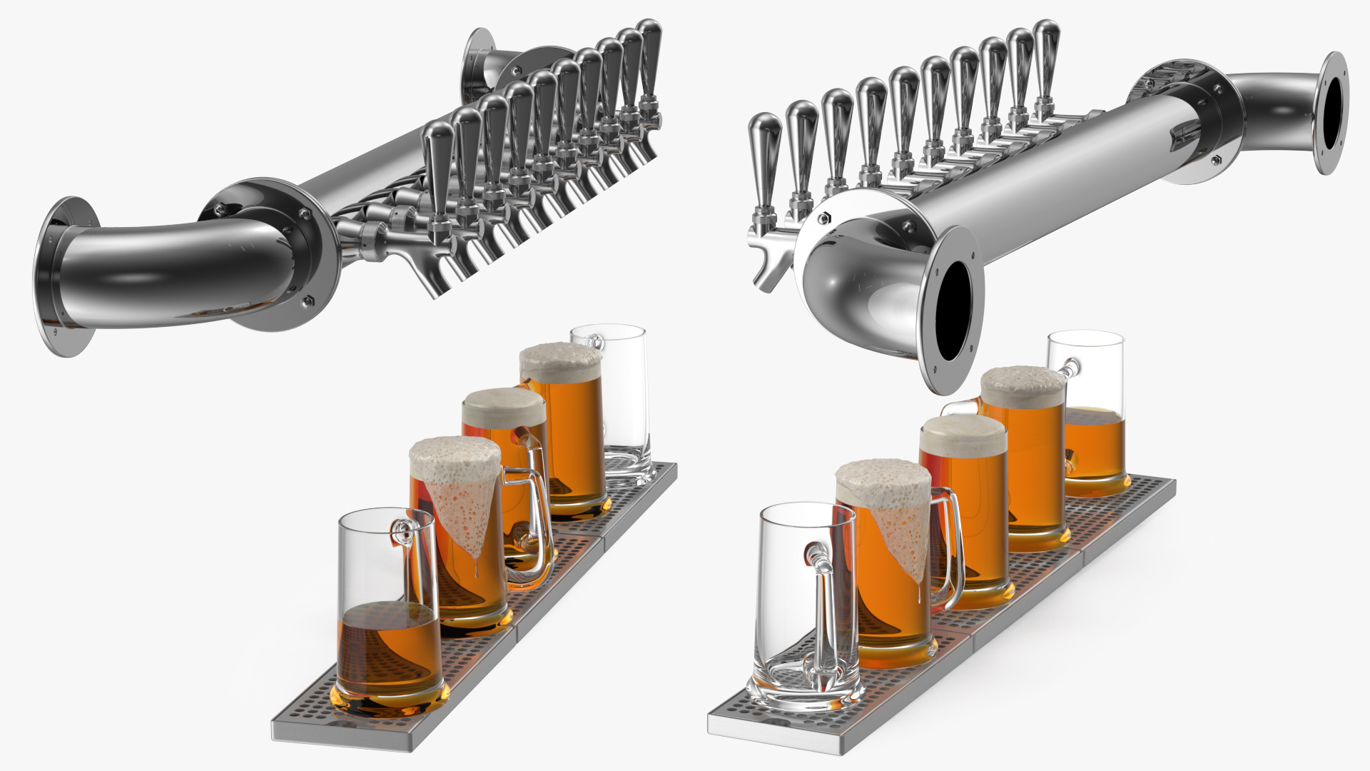 Wall Mount Rail Draft Beer Tower with Beer Mugs 3D
