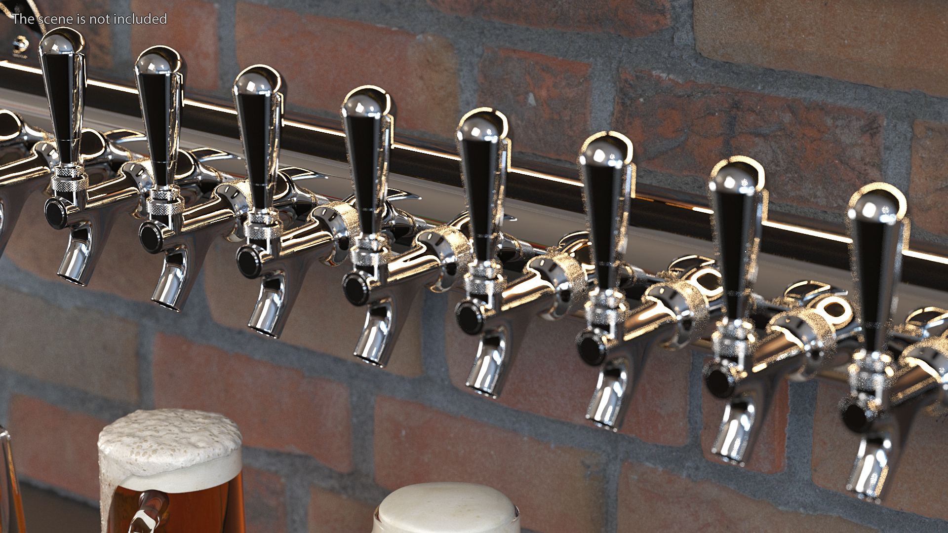 Wall Mount Rail Draft Beer Tower with Beer Mugs 3D