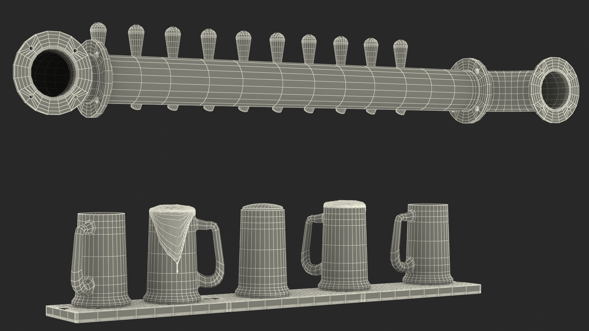 Wall Mount Rail Draft Beer Tower with Beer Mugs 3D