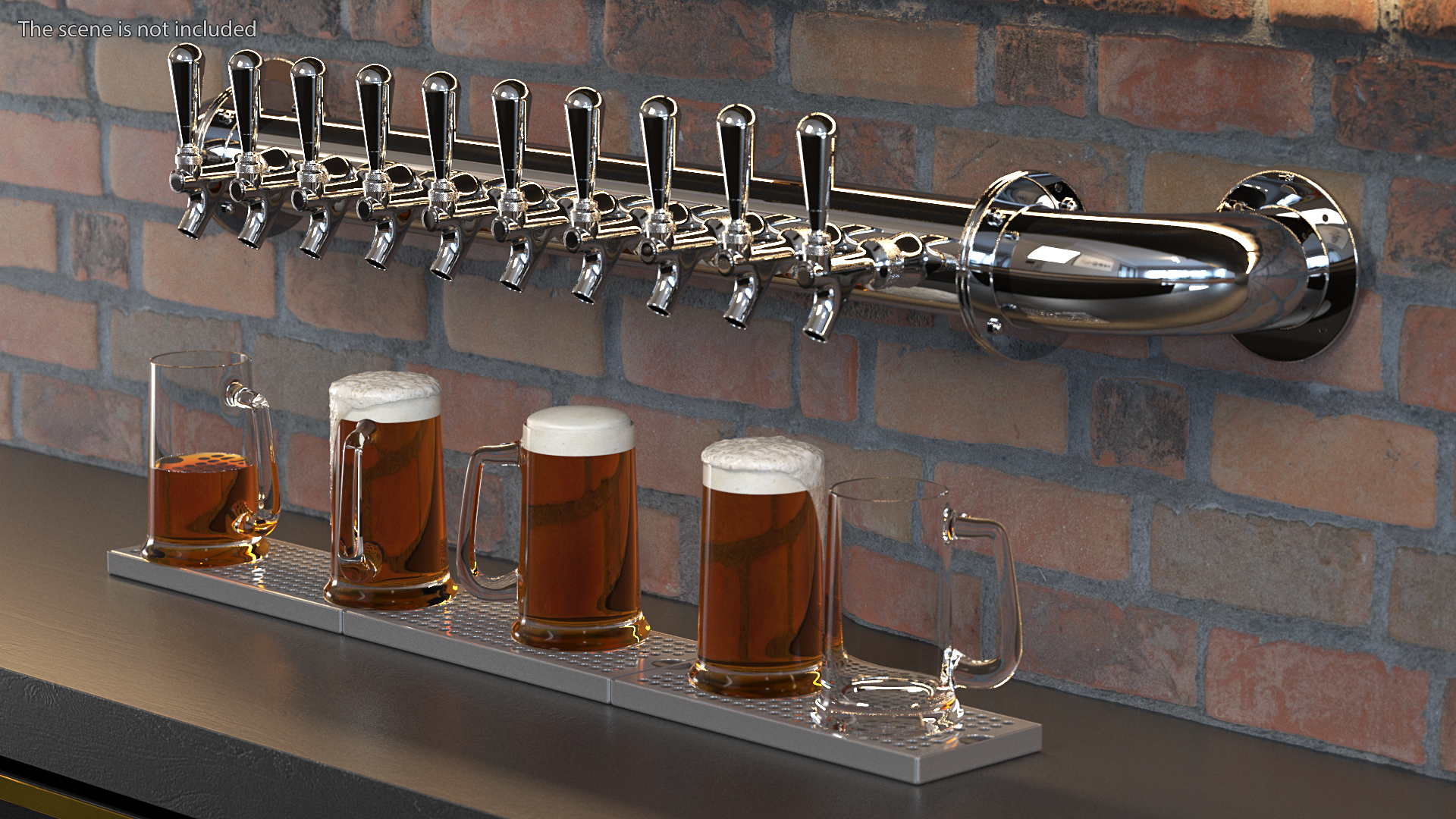 Wall Mount Rail Draft Beer Tower with Beer Mugs 3D