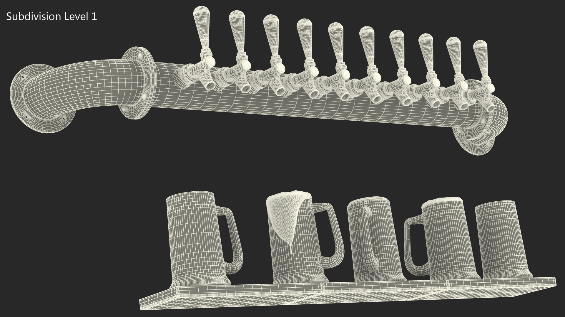 Wall Mount Rail Draft Beer Tower with Beer Mugs 3D