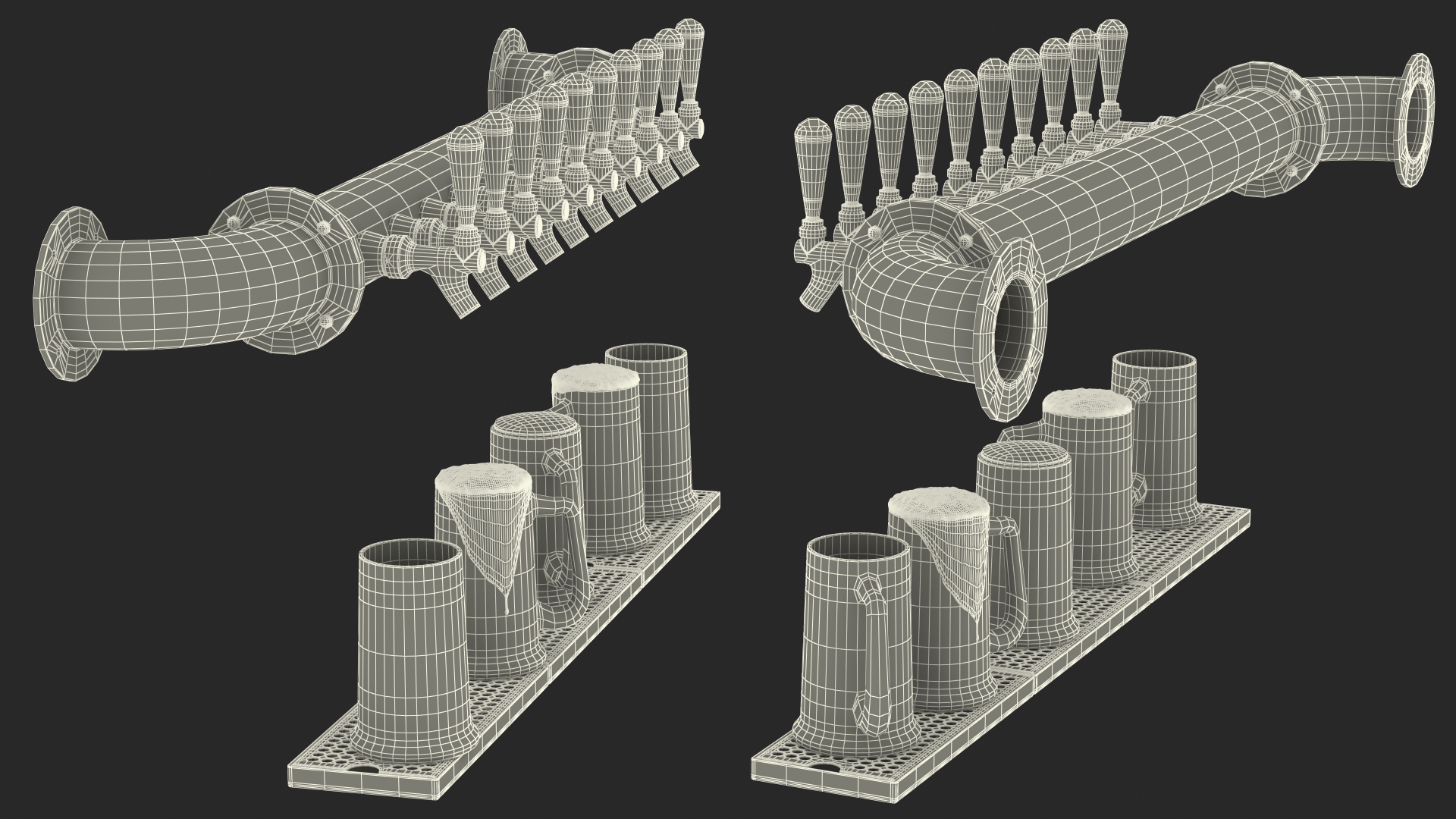 Wall Mount Rail Draft Beer Tower with Beer Mugs 3D