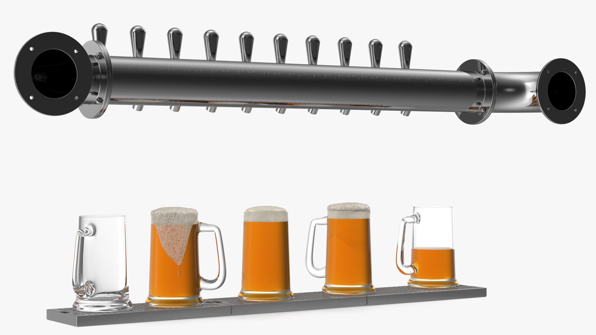 Wall Mount Rail Draft Beer Tower with Beer Mugs 3D
