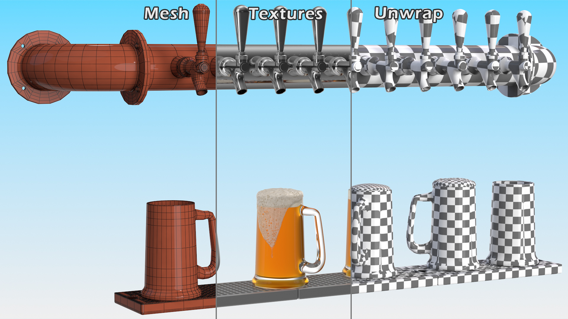Wall Mount Rail Draft Beer Tower with Beer Mugs 3D