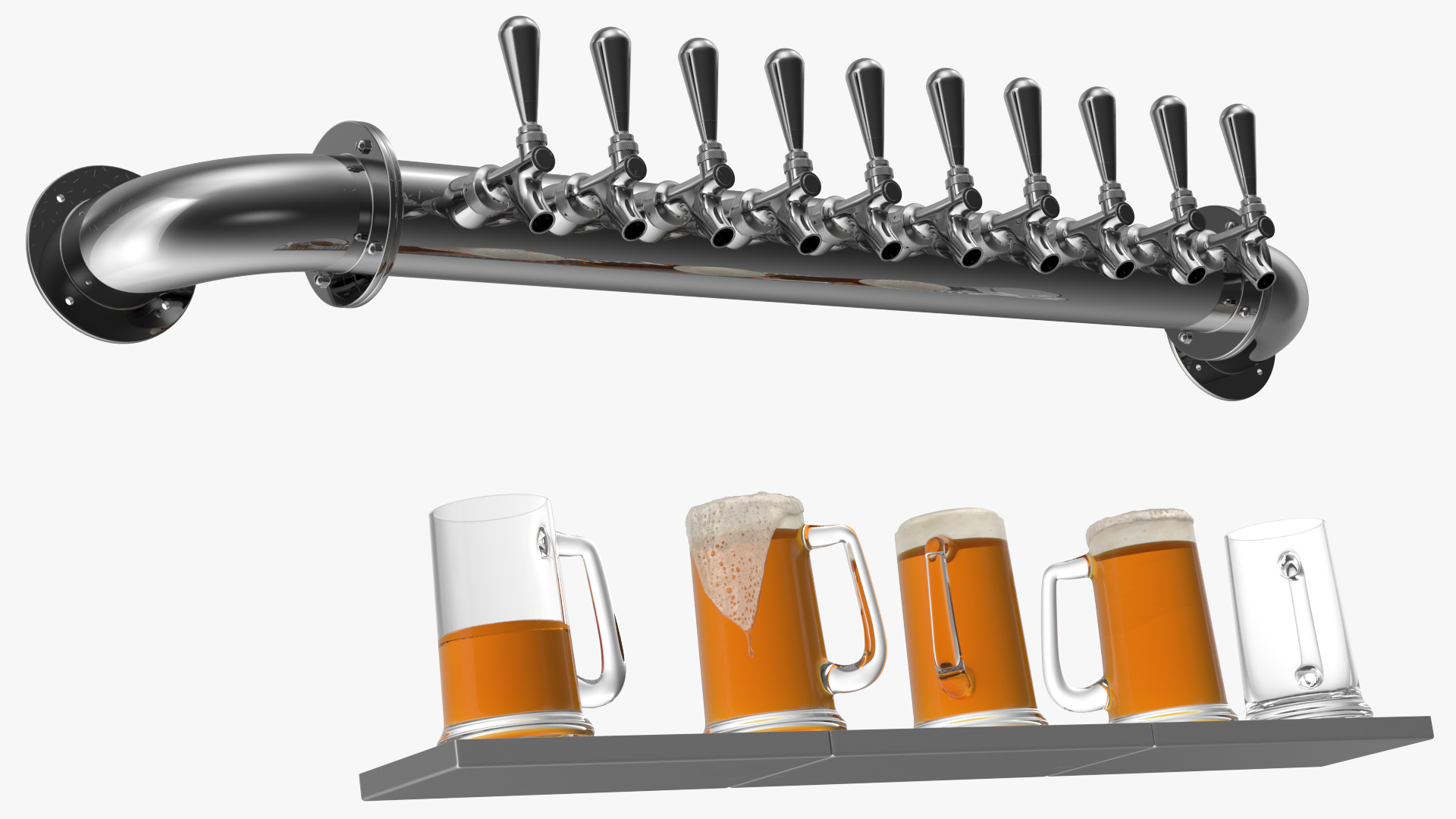 Wall Mount Rail Draft Beer Tower with Beer Mugs 3D