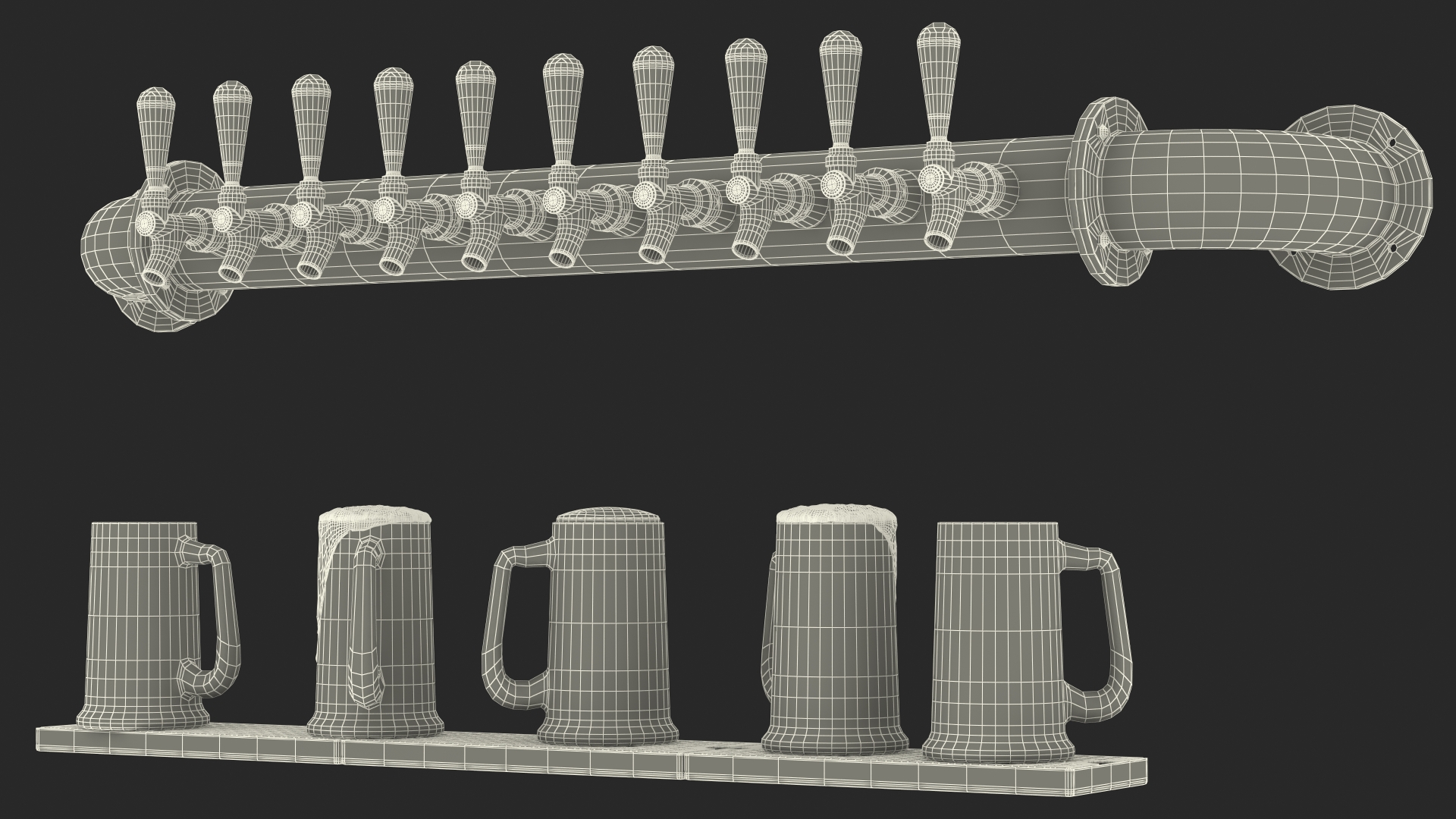 Wall Mount Rail Draft Beer Tower with Beer Mugs 3D