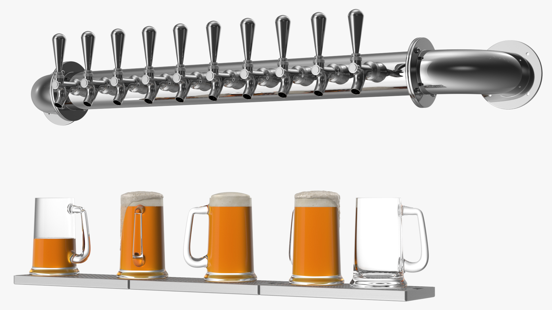 Wall Mount Rail Draft Beer Tower with Beer Mugs 3D