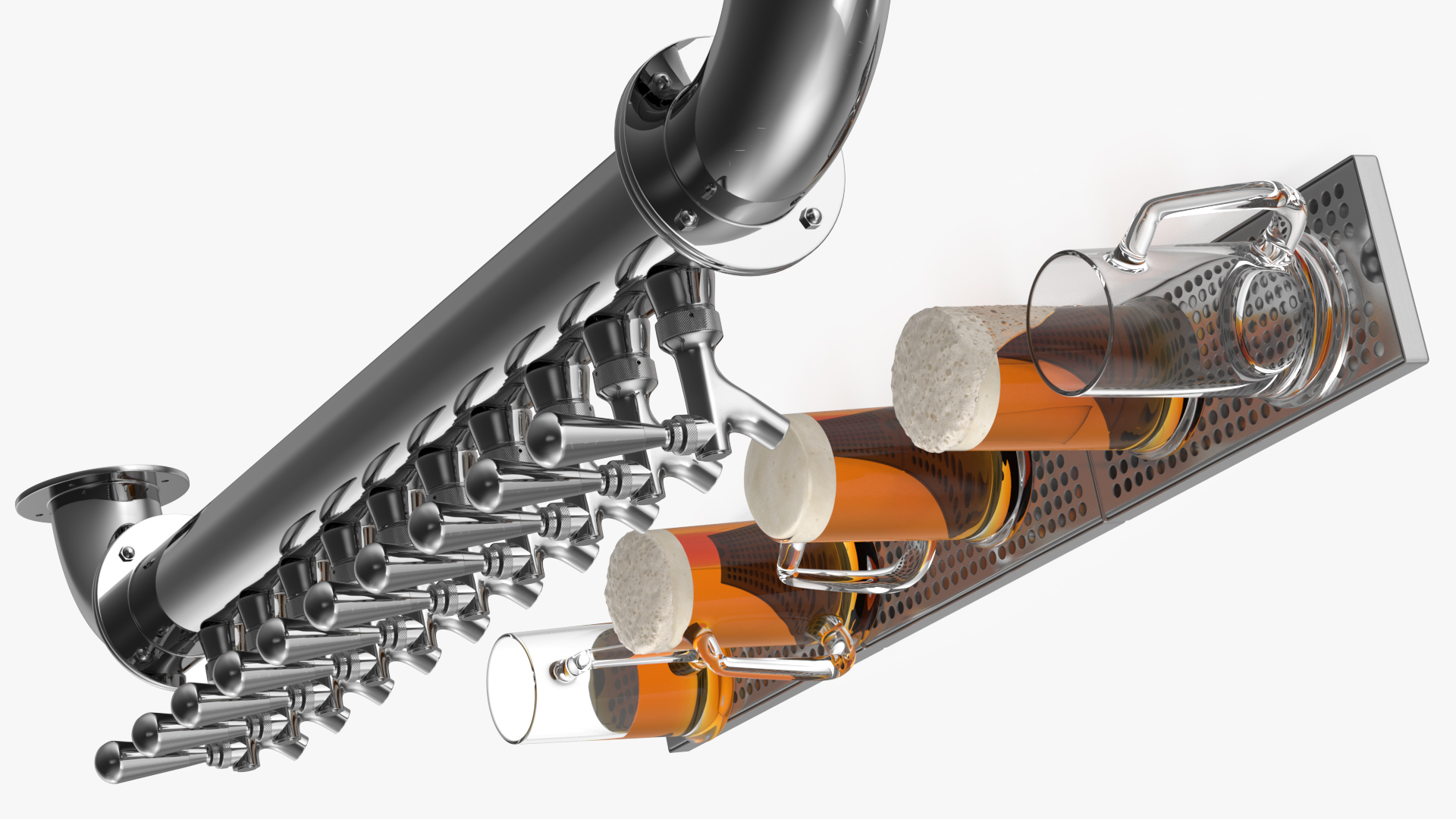 Wall Mount Rail Draft Beer Tower with Beer Mugs 3D