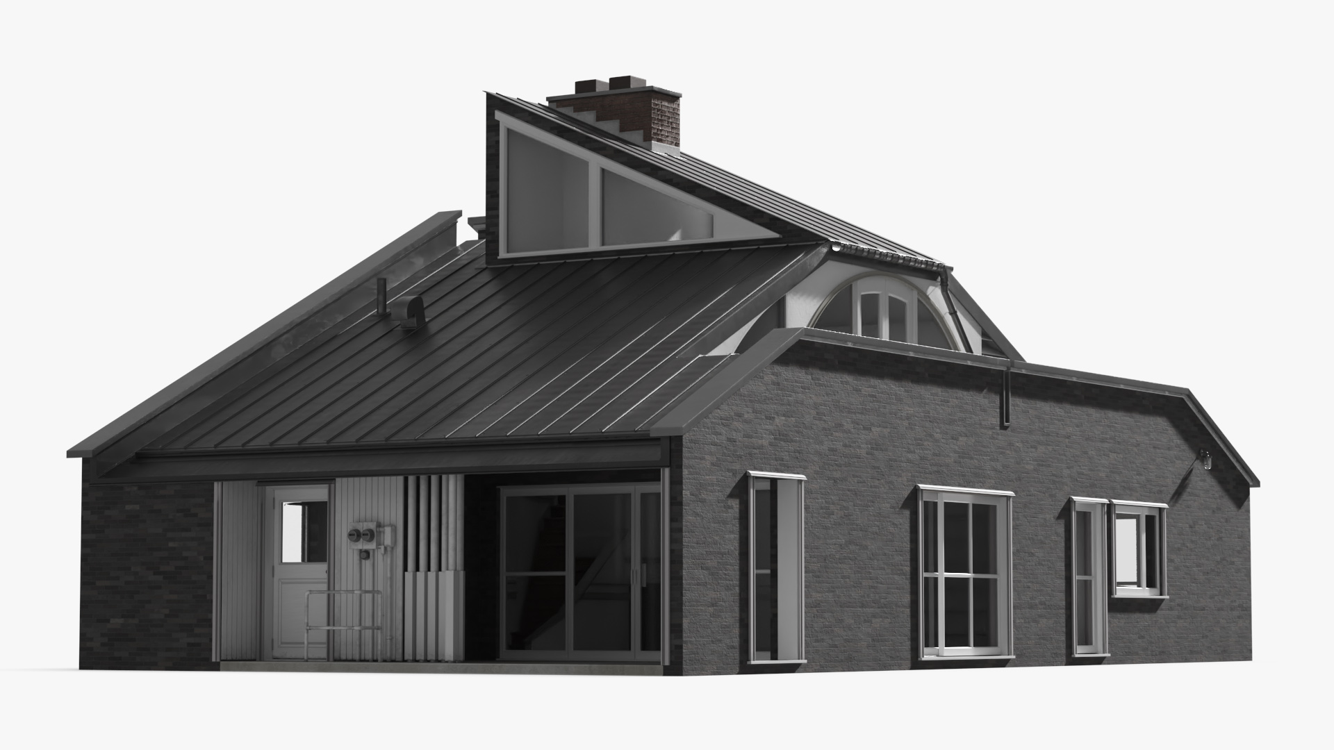 Brick House with Gable Roof and Chimney with Interior, view 4