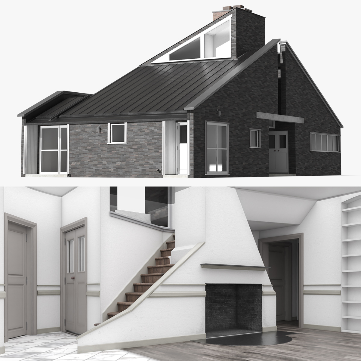 Brick House with Gable Roof and Chimney with Interior 3D model preview