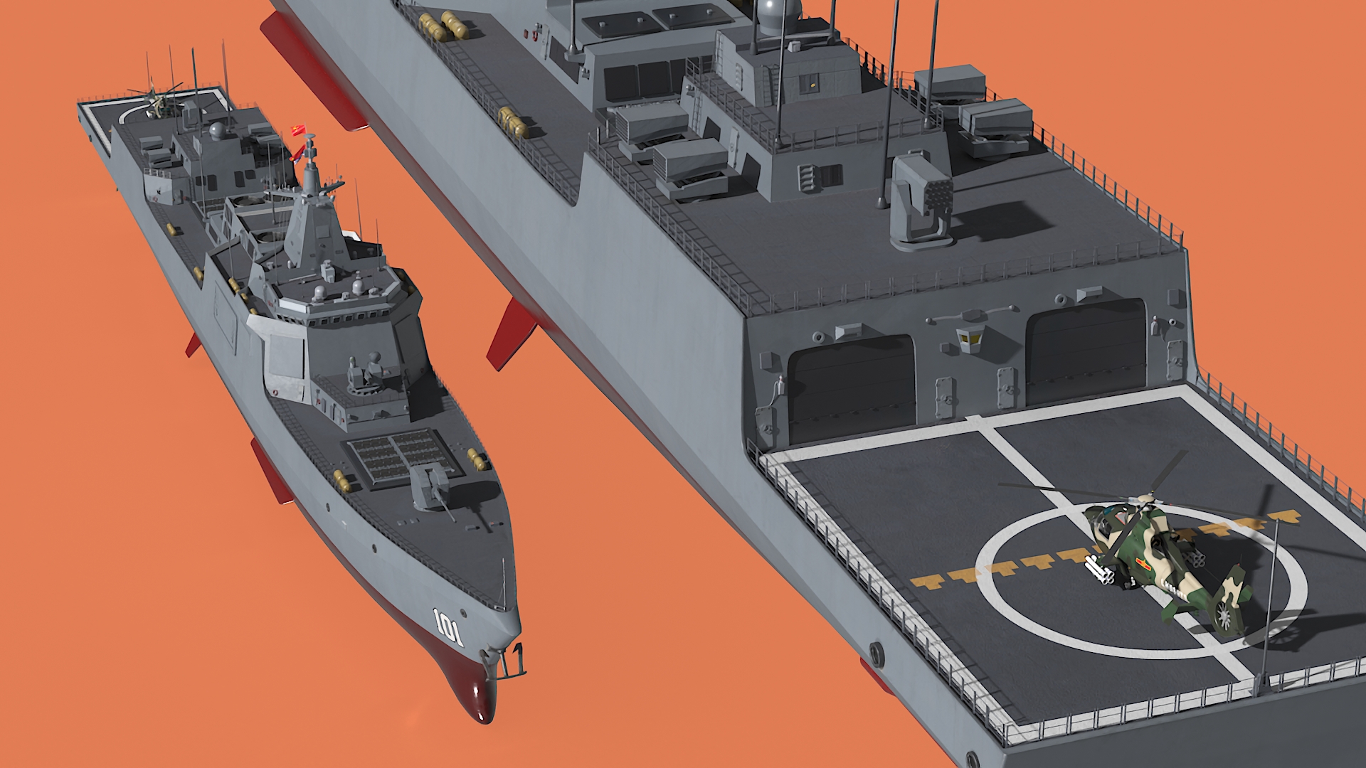 3D Type-055s Destroyer with Harbin Z-9WZ Helicopter model