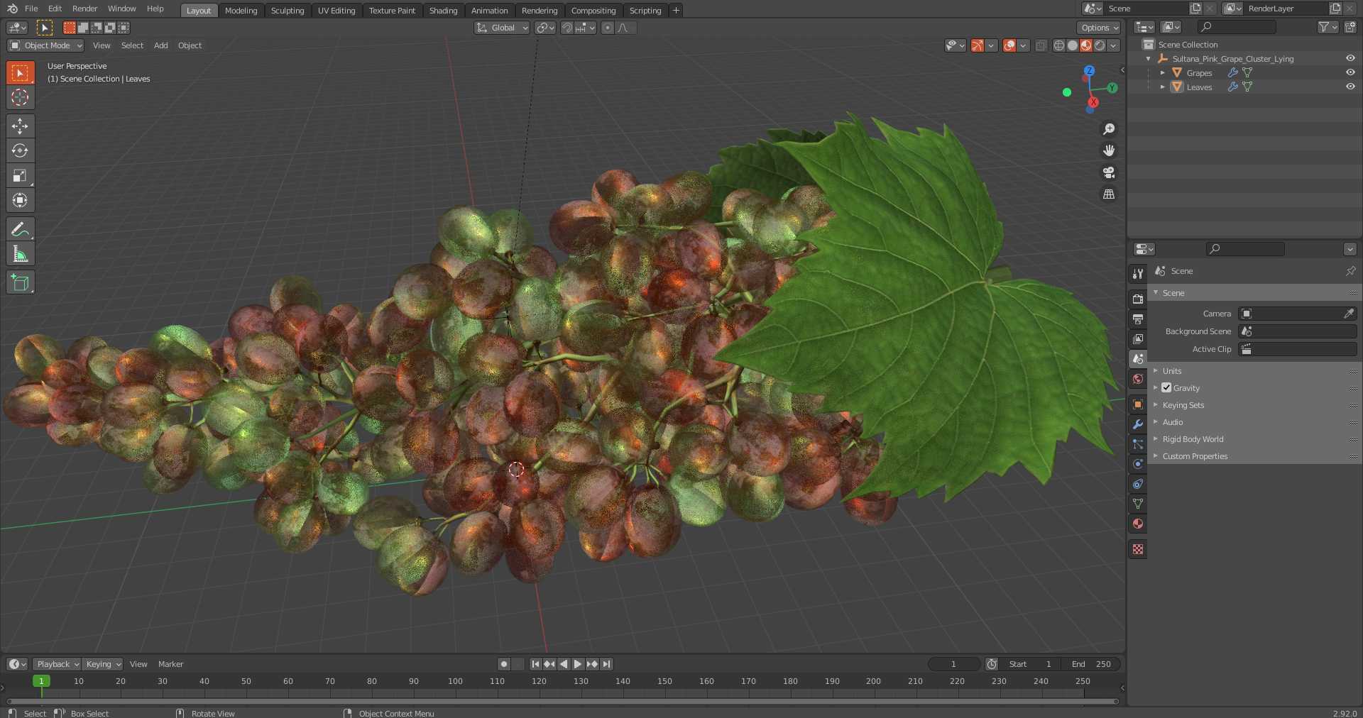 Sultana Pink Grape Cluster Lying 3D