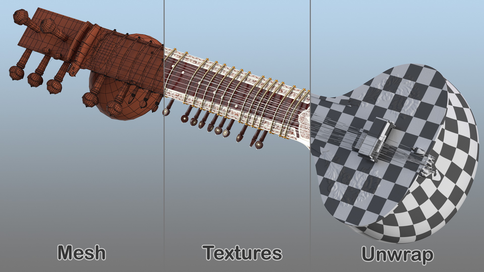3D Sitar Indian Classical Musical Instrument